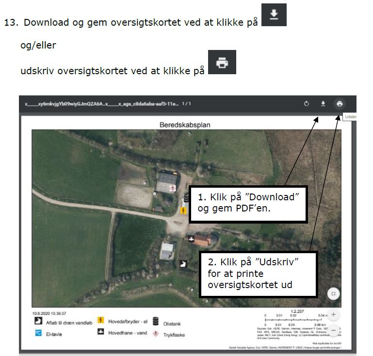 Download og gem kortet ved at klikke på download-symbolet. Udskriv kortet ved at klikke på printer-symbolet.